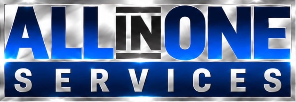 All in One Services logo with blue and white text on metallic background