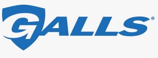 Galls logo featuring blue shield and italicized text