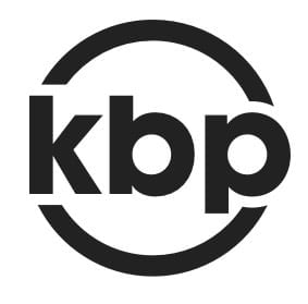 KBP logo in black and white, featuring the letters kbp inside a circular design